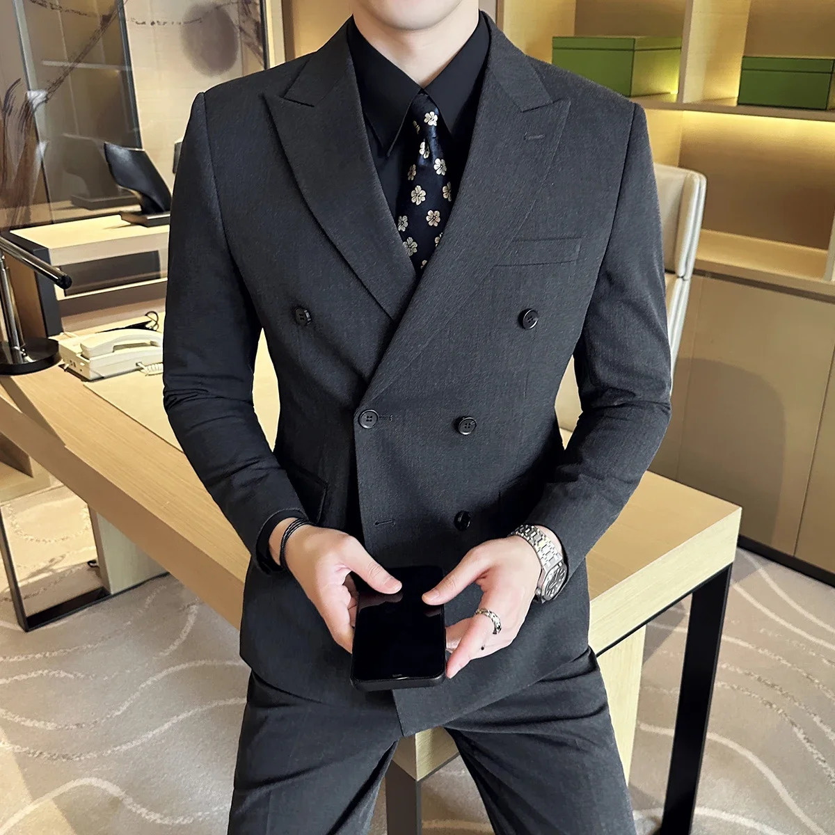 British Style Double Breasted n Mens Suit Formal Business Slim Fit Casual Suits Sets Men Wedding Party Tuxedo 3 Pieces Set 241211