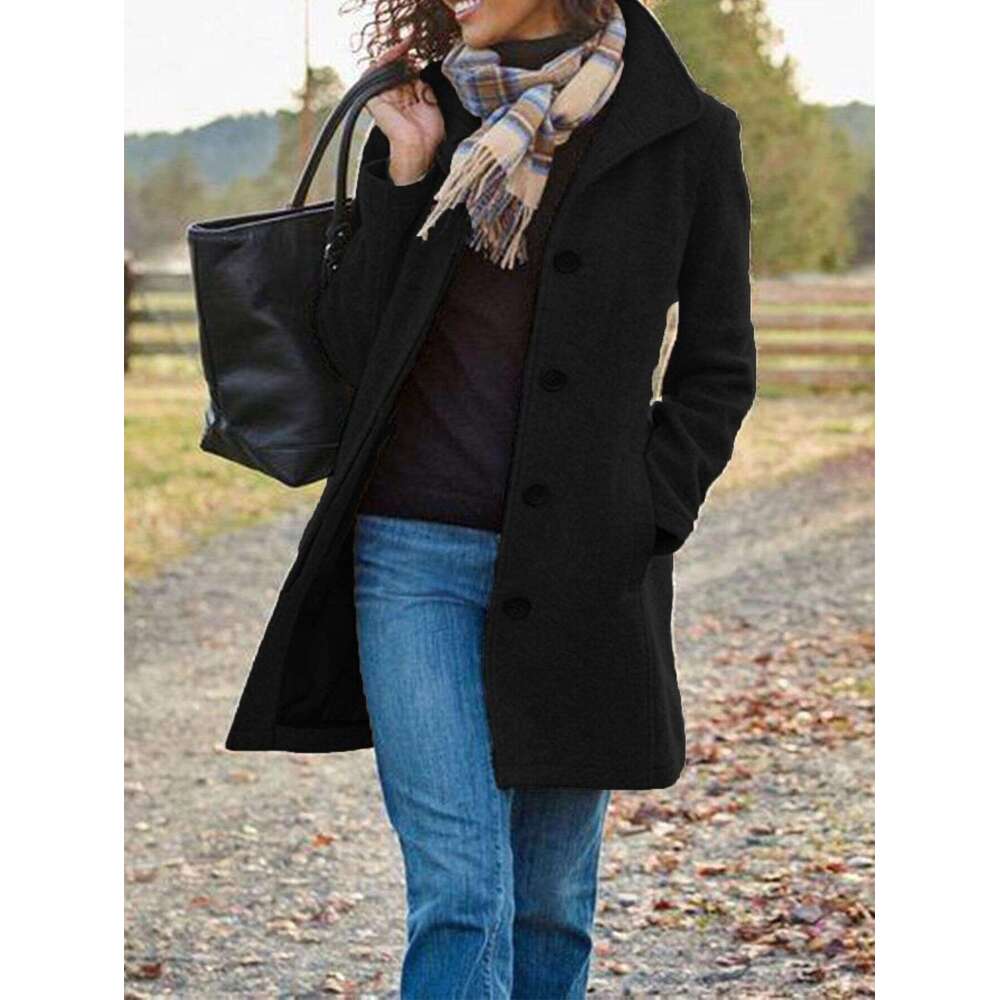 Autumn Winter New European And American Clothing Retro Medium Long Solid Color Woolen Coat Coat, Women's Fashionable Quality Classic