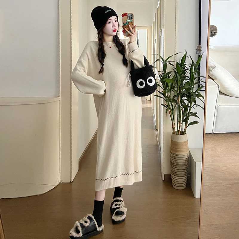 X68269# Pregnancy Dress Maxi Dress Plus Size Thicken Loose Women Korean Sle Sweater Soft Knitted Women Pregnant DressesXJ241213