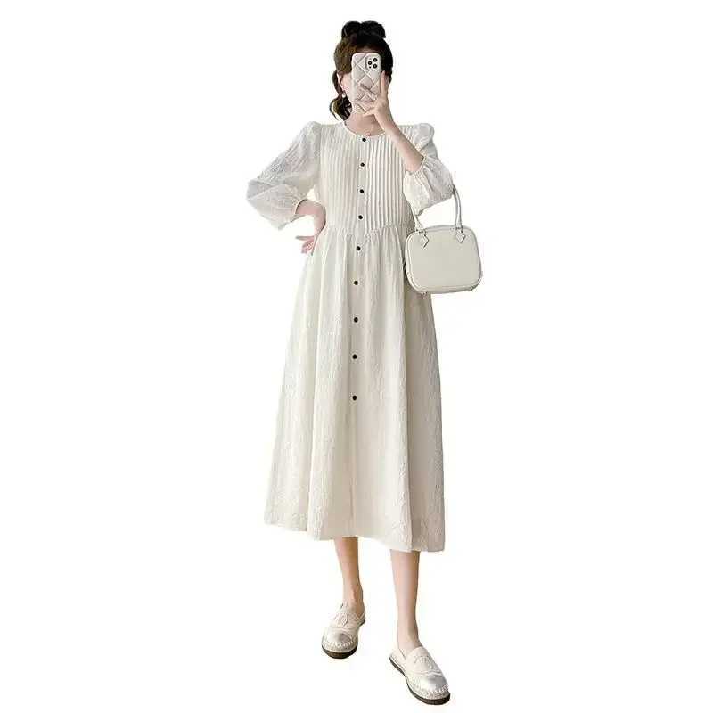 2025 spring materni fashion loose dress long sleeve o-neck plus size pregnant woman a-line dress button fly pregnancy clothesXJ241213