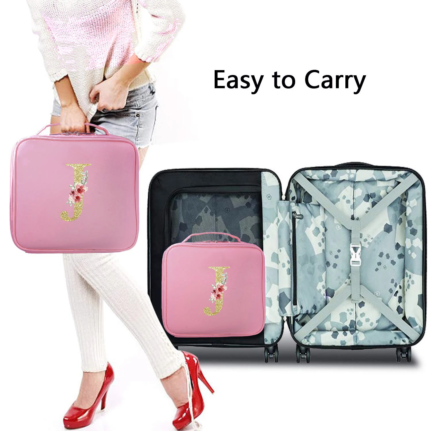 Jinxin Printing and Pink Shell with Adjustable Divider Travel Makeup Bag Large Professional Portable Makeup Bag 241212