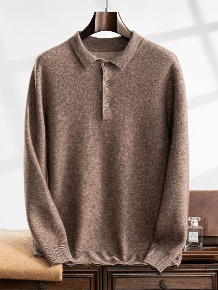 High Quality Men Thick 100% Cashmere Sweater Polo Pullover Autumn Winter Knitwear Long Sleeve Smart Casual Clothing Top 241209