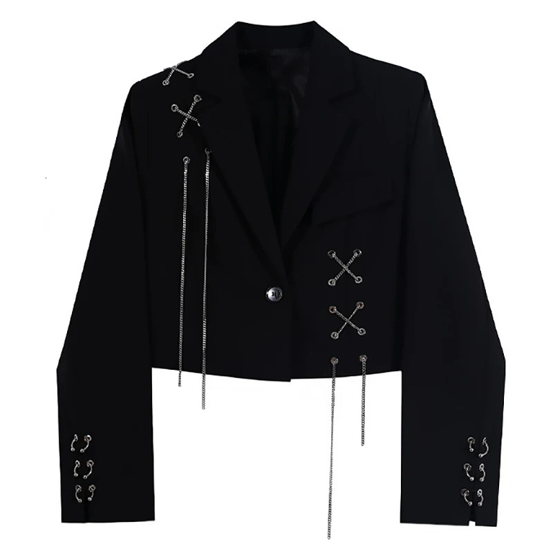 Women Punk Gothic Cropped Blazer with Metal Chain Harajuku n Streetwear Chic Patchwork Suit Office Lady Commute Short Coat 241209