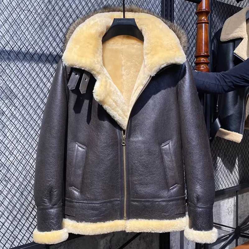 Thick winter natural fur coat mens clothing flight suit motorcycle jacket genuine leather sheepskin mens jacket Hombre W241213