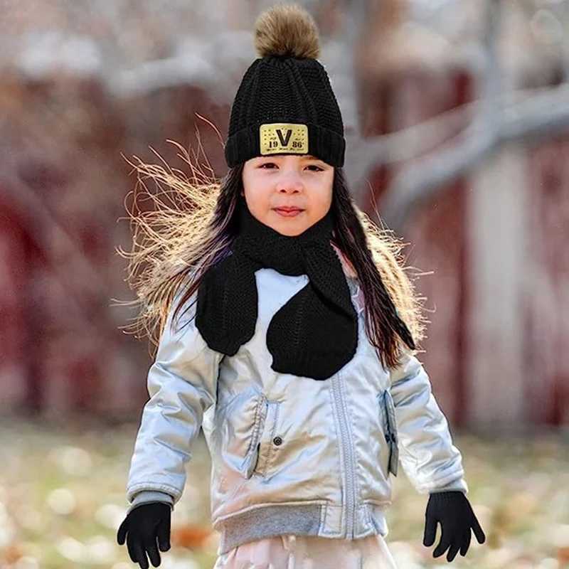 Autumn and winter childrens hat scar and glove three piece baby thick hat and collar knitted hat suitable for boys and girls W241213