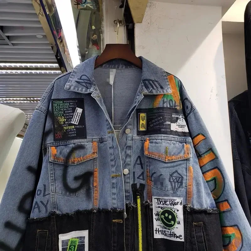 Autumn and Winter Creative Stickers Graffiti Patterns Cowboy Jacket Splicing Jeans cardigan Woolen Sweater Crop Top Chaquetas 241211