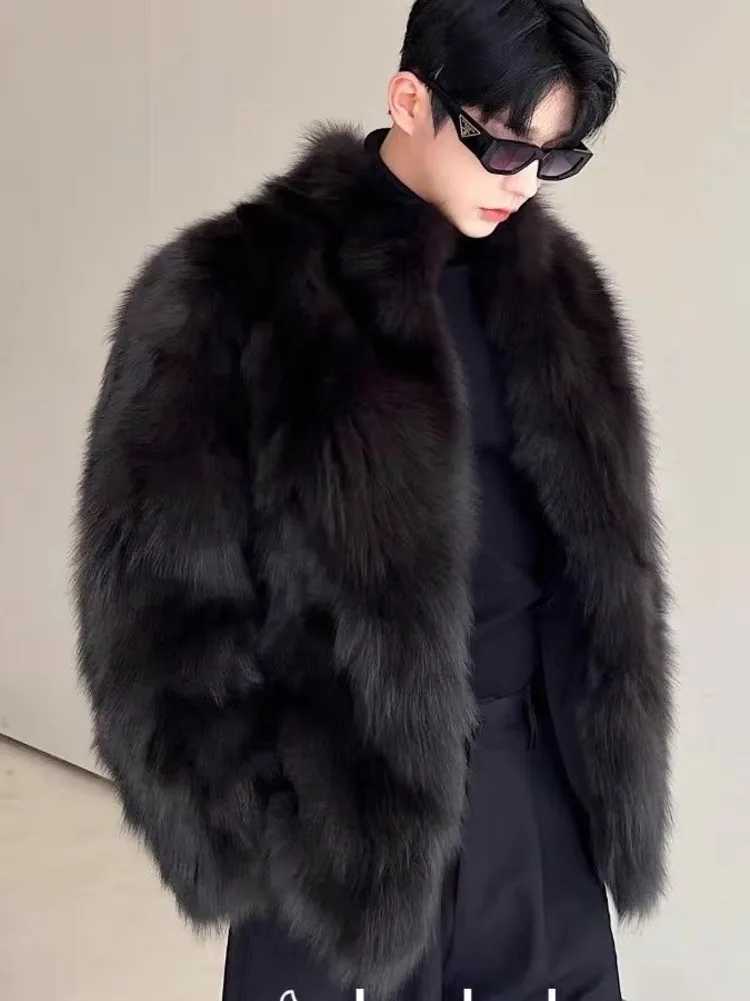 Fur imitation thick mens artificial fox fur coat mens warm coat long sleeved new winter artificial fur leather jacket fluffy fur coat W241213