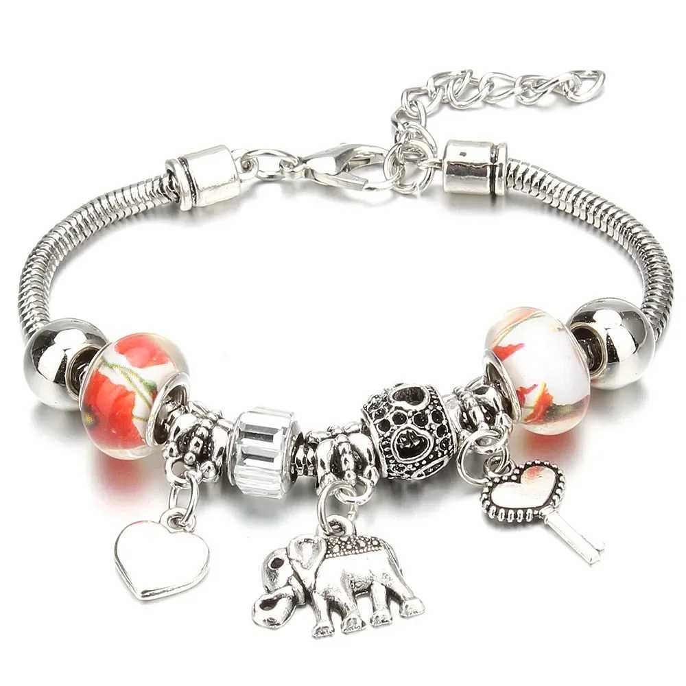 Antique Original Elephant Key Lock She 6 Colors Charm Bracelets for Women Glass Beads Bracelet Bangle DIY Jewelry GiftsXJ241214