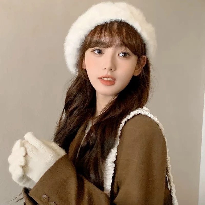 Winter Angora Rabbit Fur Berets for Woman Solid Color Beret Comfortable Plush Korean Berets Girls Shopping Caps Boina 241214