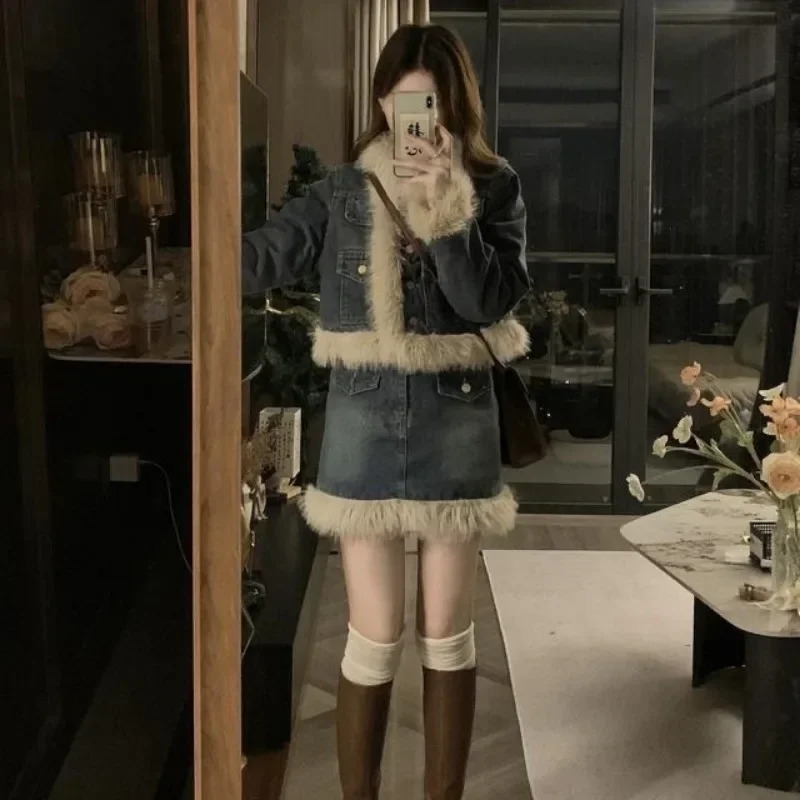 Fashionable faux fox fur collar patchwork denim jacket cotton quilt mattress denim jacket fur edge tophigh waisted A-line half sleeve 2-piece set 2412
