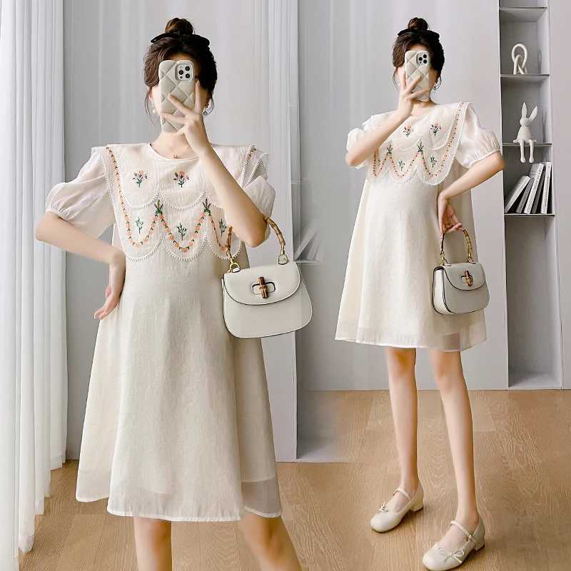 2024 Korean Sle Floral Embroidery Peter Pan Collar Materni Dress Loose Fashion Pregnant Women A-Line Dress Pregnancy ClothesXJ241213