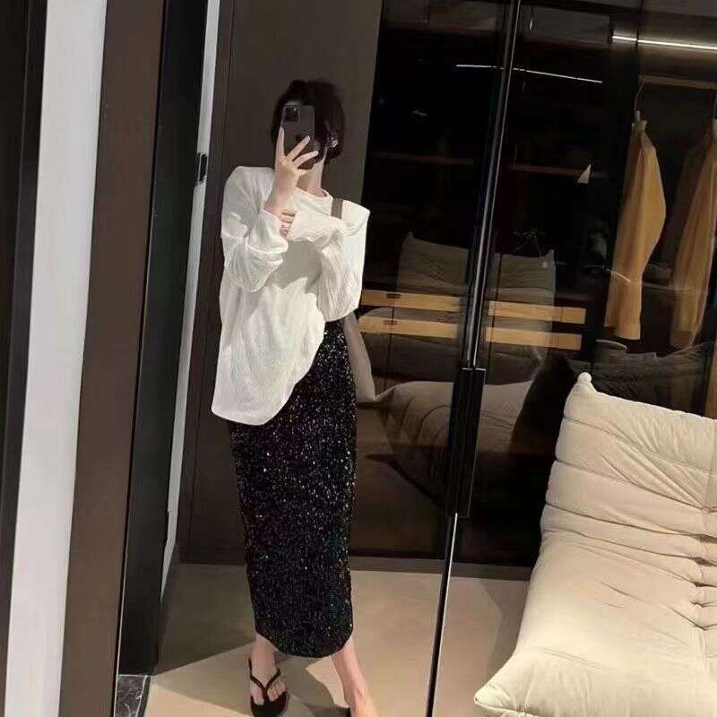 European American New Fashionable High Slimming Sequin Half For Women With Elastic Waist And Straight Tube Long Skirt