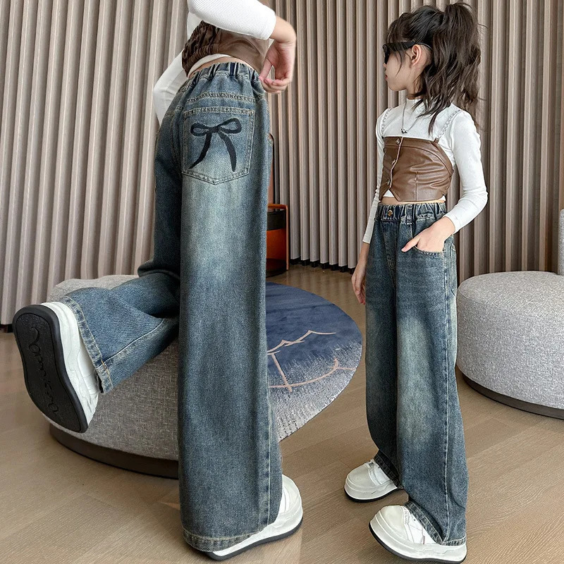 Girl Pocket Bow Embroidery Jeans Teenage Children Wide Leg Denim Pants for Kids Loose Trousers Spring Autumn 4 -14 Years 241213