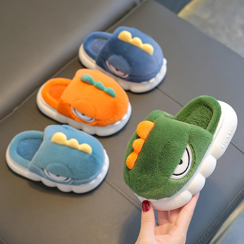 Winter Warm Plush Slippers Childrens Funny Cartoon Dinosaur Non-slip Soft Sole Kids Baby Boys Girls Indoor Home Cotton Shoes 241213