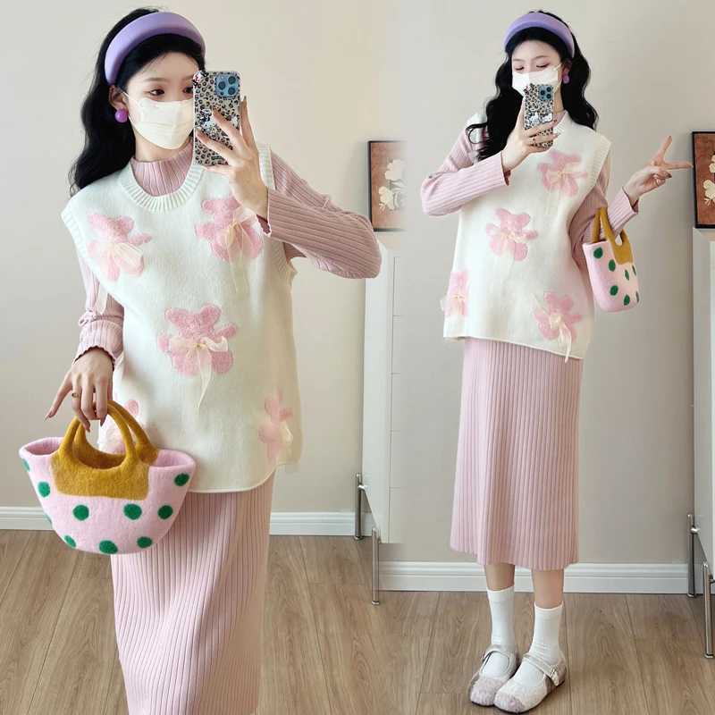 Autumn and Winter Pregnant Womens Clothing Pink Sweet Sweater Dress Long Sleeve Materni Basic Dress Office Lady Elegant DressXJ241213