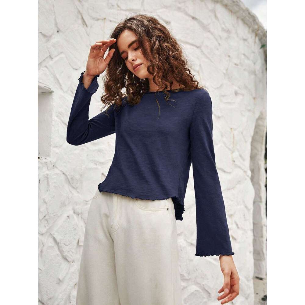 2024 early autumn top with European and American style round neck, black fungus edge flared sleeves, long sleeved knitted base shirt