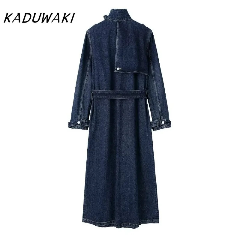 KADUWAK Fashion Retro Collar Long Sleeve Cowboy Trench Coat Trend Splicing Belt Matching 241211