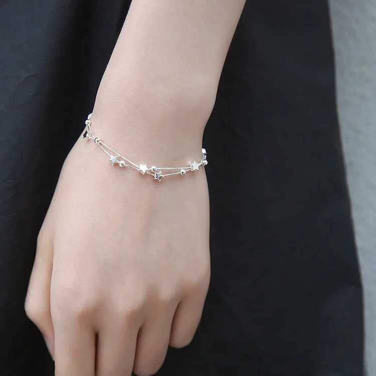 925 Sterling Silver Bead Chain Bracelets For Women Korean Sweet Double Layer Beautiful Stars Bracelets Original Jewelry GiftsXJ241214