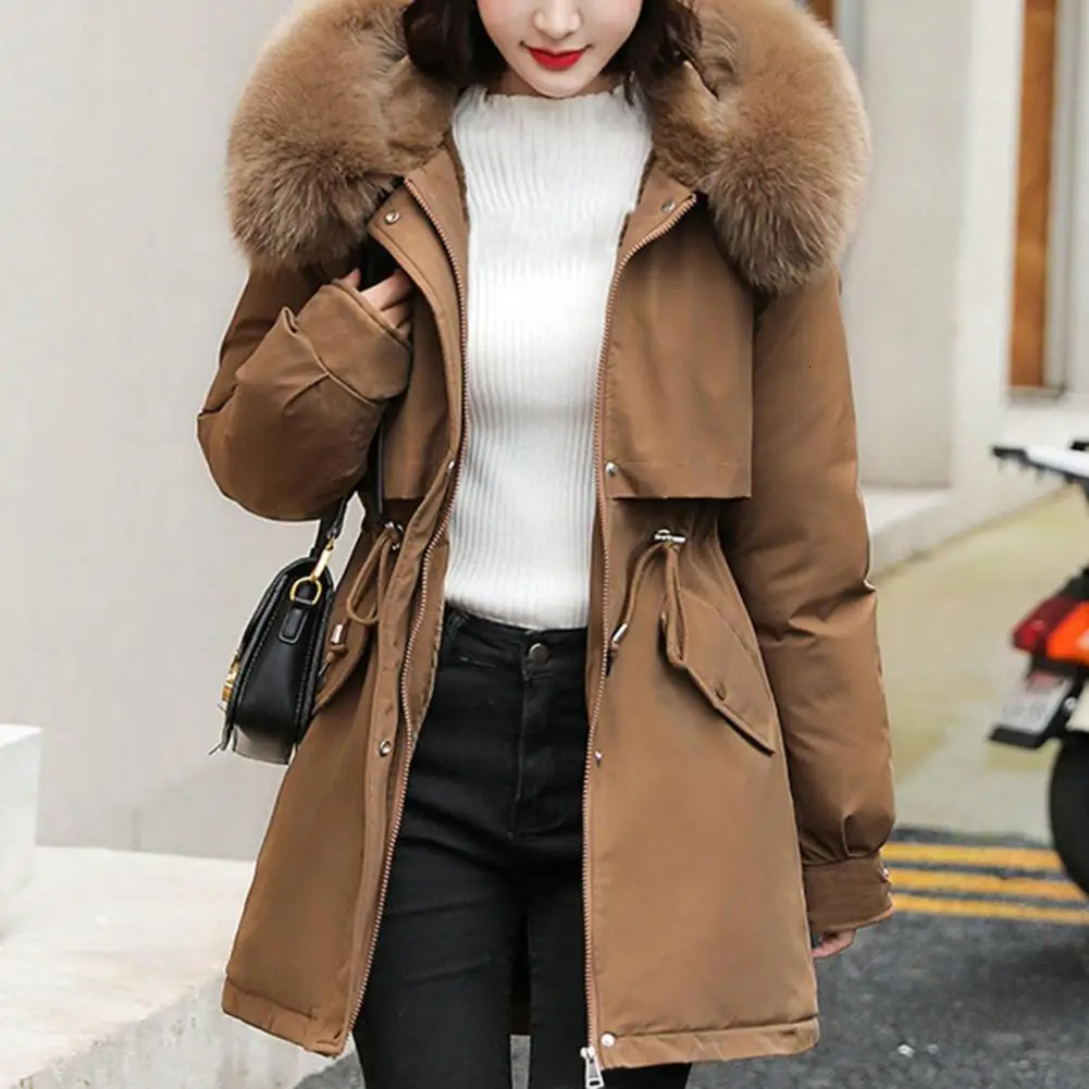 Womens hooded winter jacket with faux fur collar warm and stylish zipper clre suitable for autumn 241212