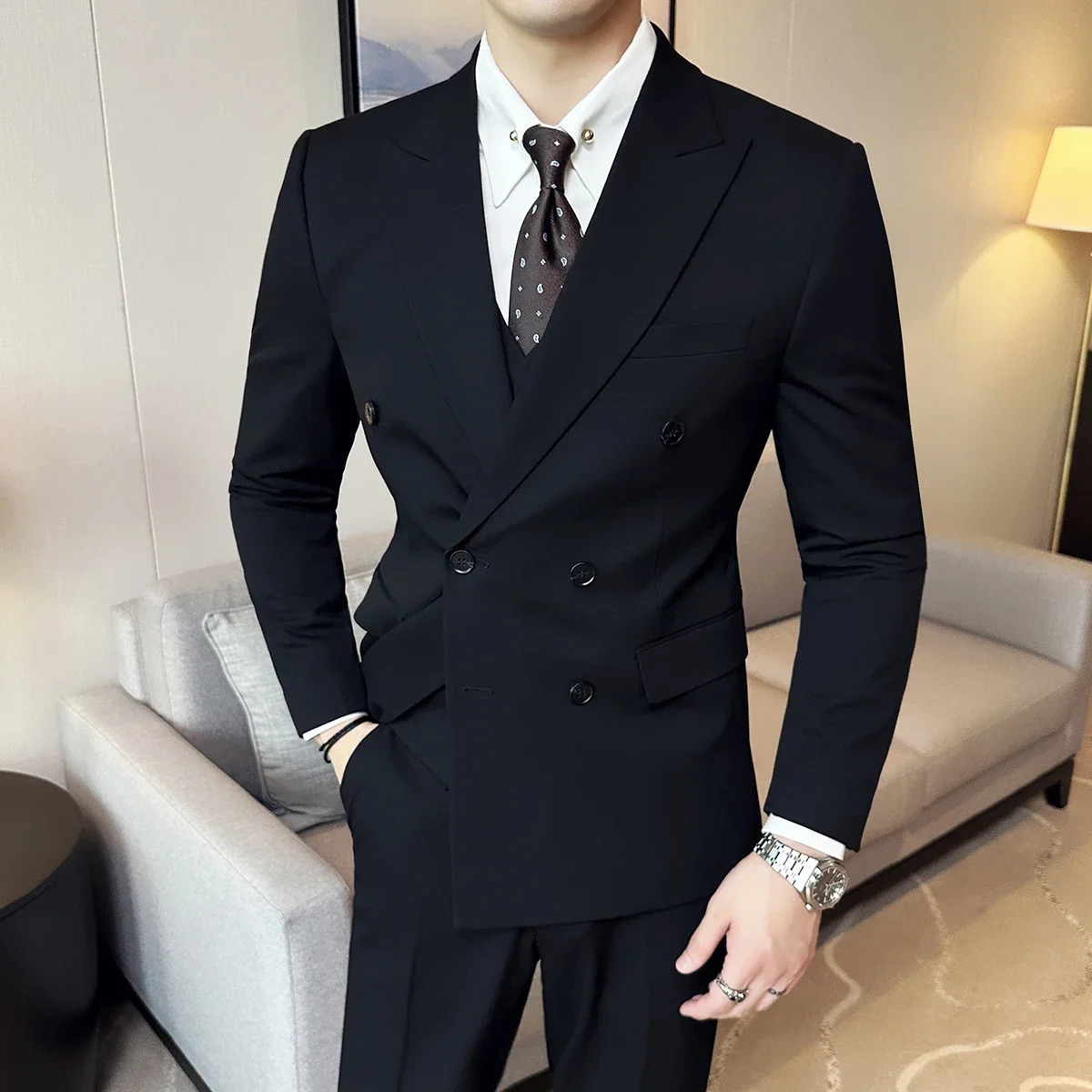 British Style Double Breasted n Mens Suit Formal Business Slim Fit Casual Suits Sets Men Wedding Party Tuxedo 3 Pieces Set 241211