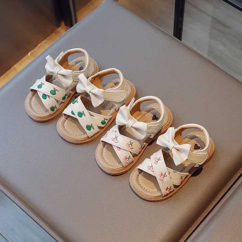 Sandals Summer Sandals for Girls Bow-knot Embroid Flower Children Sliders Green Pink 22-31 Classic All-match Soft Kids Flat Shoes H07051 H241213