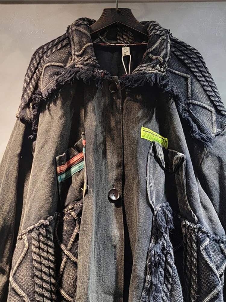 DEAT Womens Denim Coat Patch Work Knitted Wash Black Gery Irregular Old Loose Jacket 2025 Spring Fashion 29L8172 241211