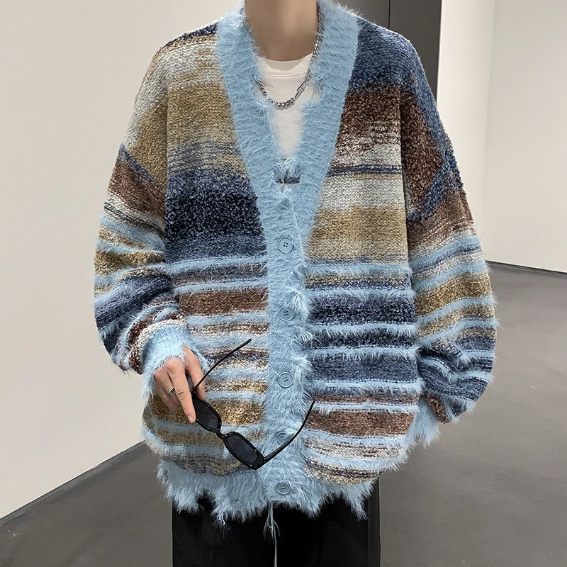Autumn Japanese Loose Oversize Cardigan Sweater Male Korean Fashion Casual Contrast Color Mens Knit Winter Coats G106 241209