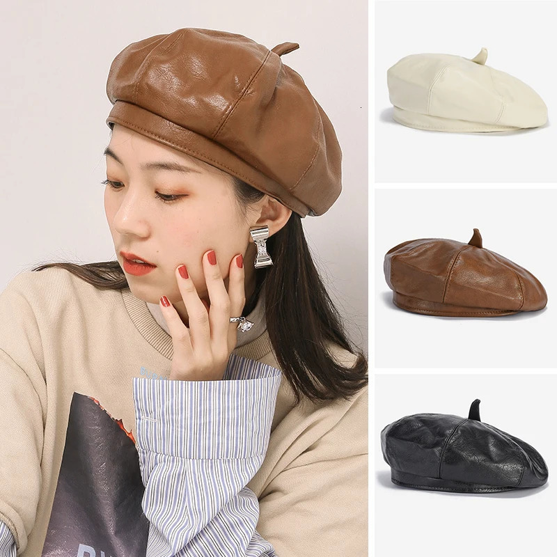 Retro PU leather beret womens autumn and winter warm octagonal hat elegant solid color painted 241210
