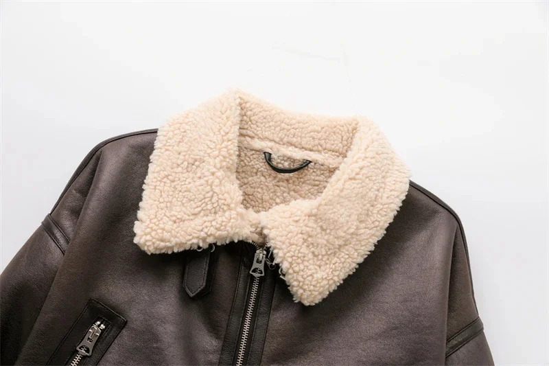 RZRA Womens Autumn/Winter Fur Single Piece Double sided Short Wool Jacket with Belt Zipper Pocket 241210