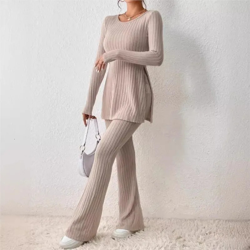 Autumn Winter Womens Clothing Style Solid Color Sexy Casual Long Sleeved Round Neck Slit Fashion Temperament Twopiece Set 241203