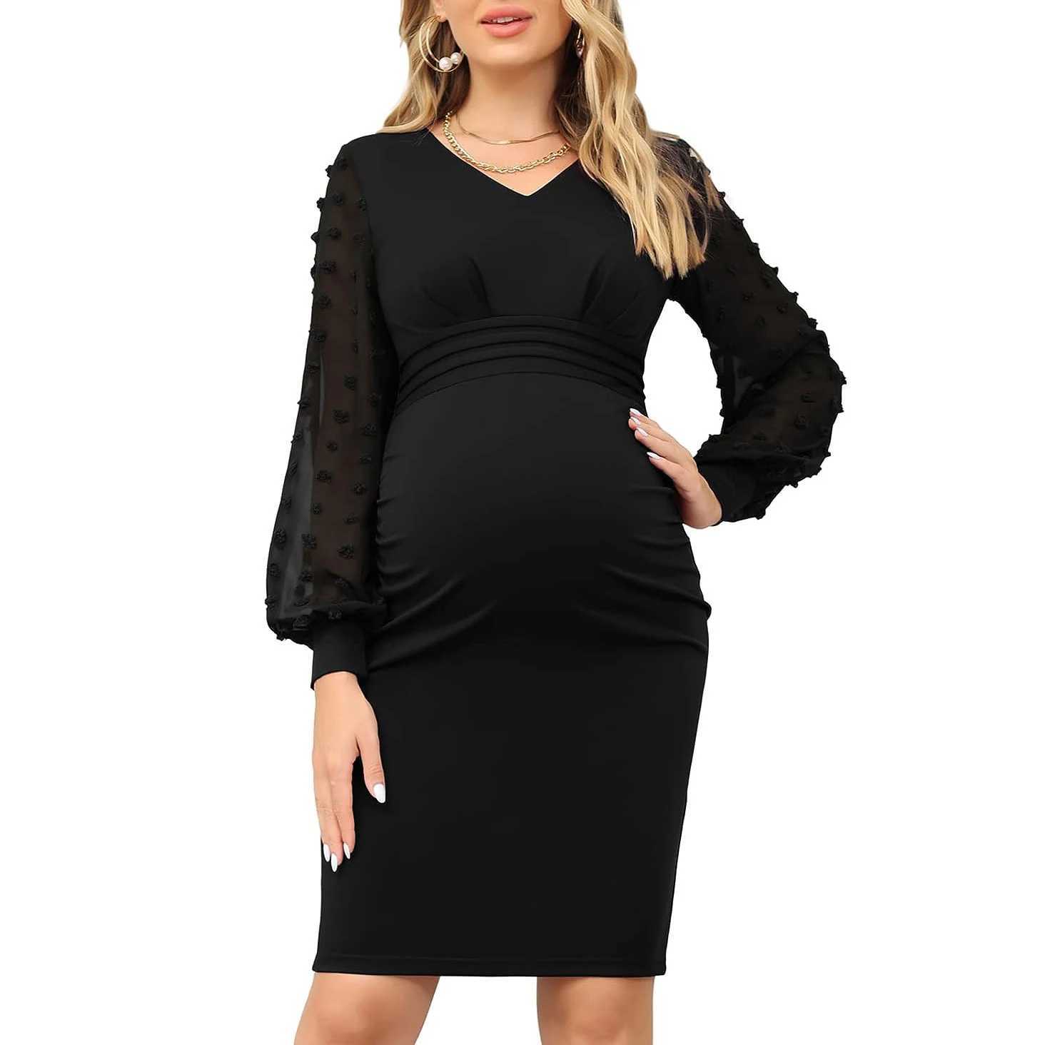 Materni Dress Pregnancy Dresses V-neck Splicing Long Sleeve Materni Womens Dress Through Waist Pleated Elegant TemperamentXJ241213