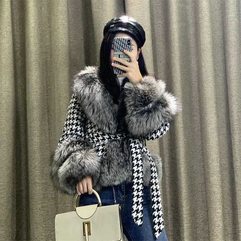2022 Autumn Winter Womens New Hound Big Fur Collar Imitation Fur Coat Womens Warm Short Slim fit Fur Leather Jacket X241214