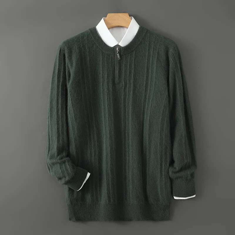 Pure mink cashmere sweater mens knitted pullover long sleeve Autumnwinter coat half zip wide striped crew neck top 241209