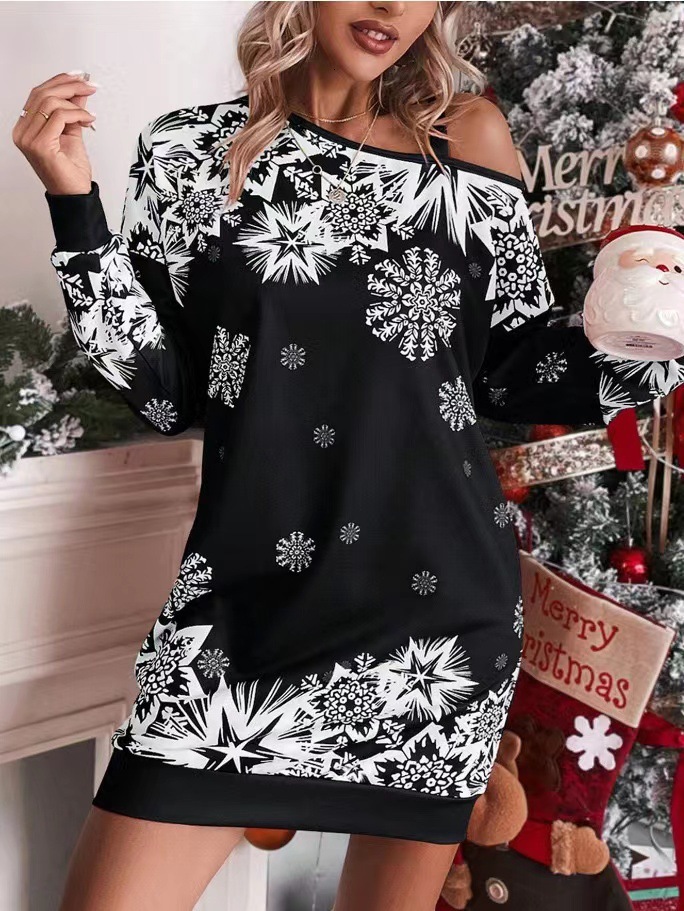 Christmas Snowflake Print Designer Long Sleeved Single Shoulder Women's High-quality Party Dress Top Knit Sweater