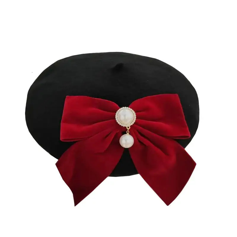 Womens autumn and winter black wool lacquered hat large velvet bow elegant pea fashion sweet artist beret 241210