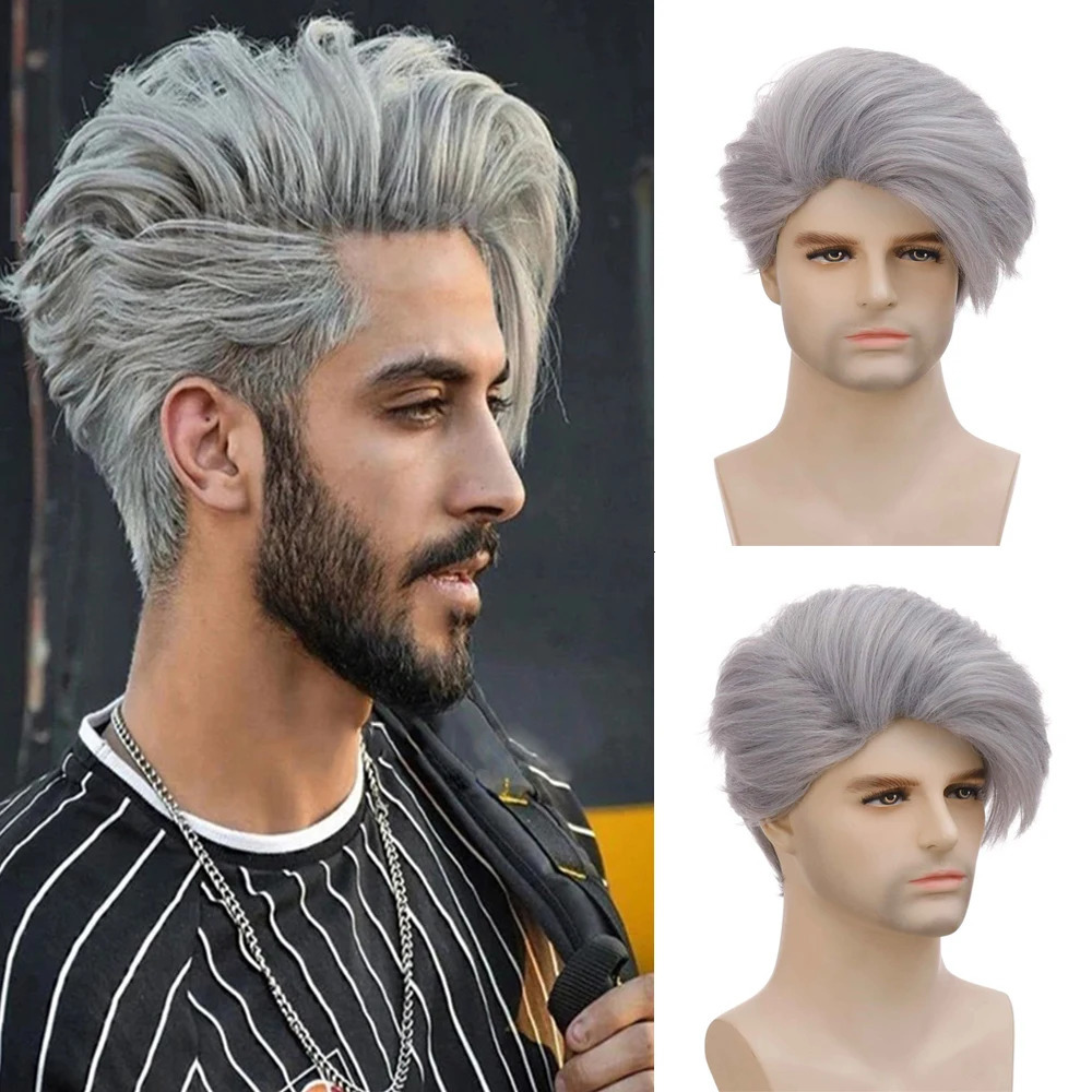 Men Short Straight Grey Synthetic Wig Heat Resistant Fiber Wig With Long Bang For Male Party Cosplay Use 241213
