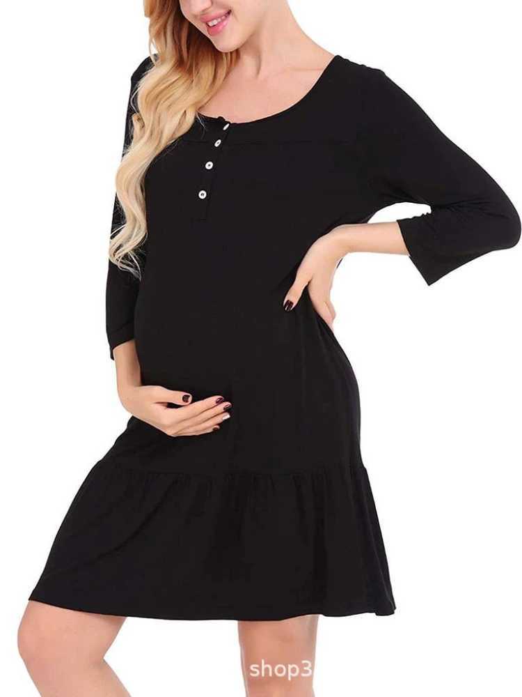 New Womens Pregnant Womens Solid Color Mid Length Dress Summer Round Neck 7/4 Sleeve Casual Breastfeeding Womens DressXJ241213