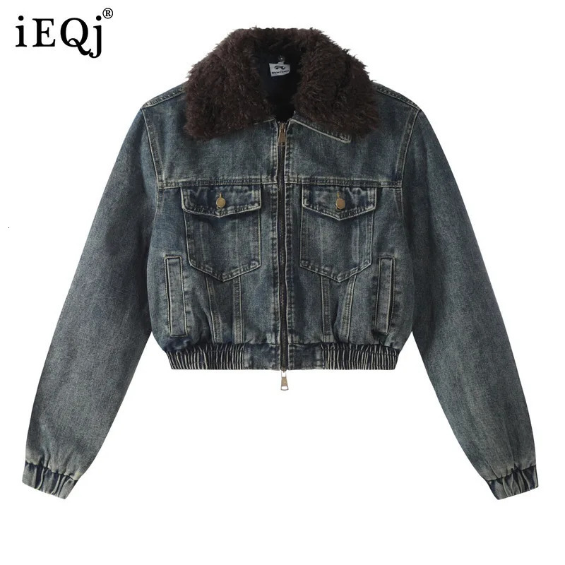 IEQJ Spliced Fur Collar Long Sleeve Cow Jacket Womens Zipper Collar Retro Street Pocket Jacket Womens Jacket 3DM0010 241210