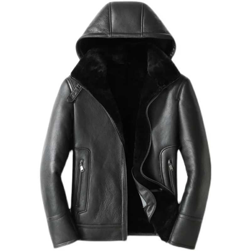 Genuine leather mens natural fur coat mens flight suit mens hoodie thick warm clothes winter jacket 2022 mens Top De Cuero W241213