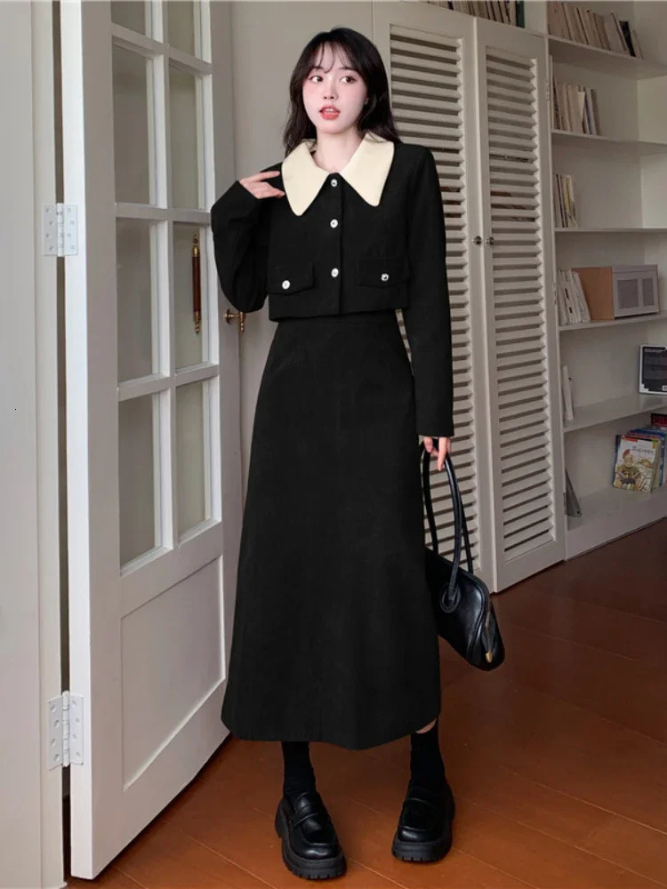 Fashion Two Piece Set Autumn Corduroy Versatile Solid Lapel Button Pocket Small Fragrant Coat Slim Aline Half Length Skirt 241211