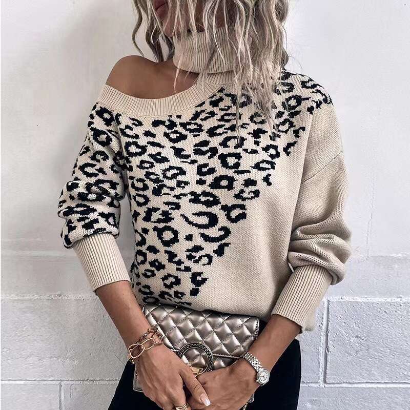 2024 European American fashion autumn and winter leopard print long sleeved women's foreign trade off shoulder knitted sweater