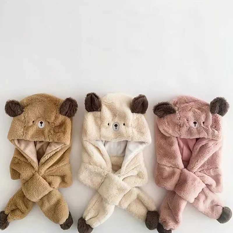 Cute Bear Baby Plush Hat Scarf Gloves Winter Thick Warm One-Piece Beanie Cap for Boy Girl Kids Hood Headgear Bonnet W241213