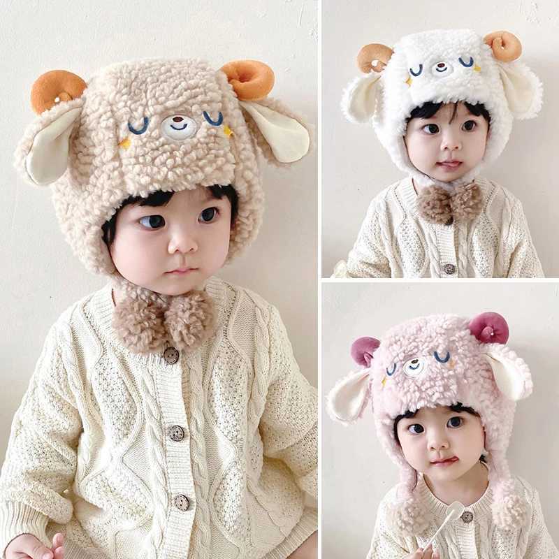 Sheep Baby Plush Hat Winter Thick Cashmere Bean Hat Baby Boys and Girls Cute Warm Children Ear Protection Hat W241213
