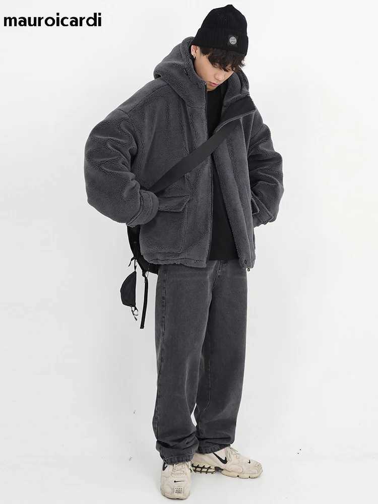 Mauroicardi Winter Thick Warm Dark Grey Sherpa Jacket Mens Hooded Zipper Fluffy Casual Sheepskin Coat 2022 W241213