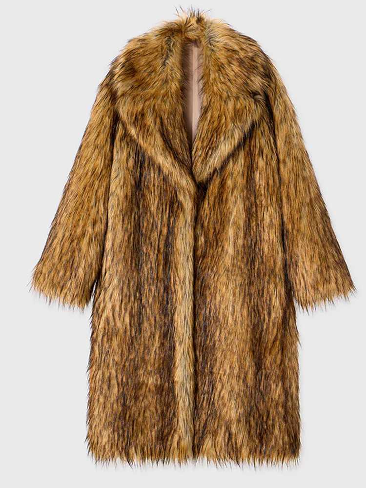 Retro Long Faux Fur Fashion Collar Thick Warm Fluffy Jacket Winter Womens T-shirt Coat X241214