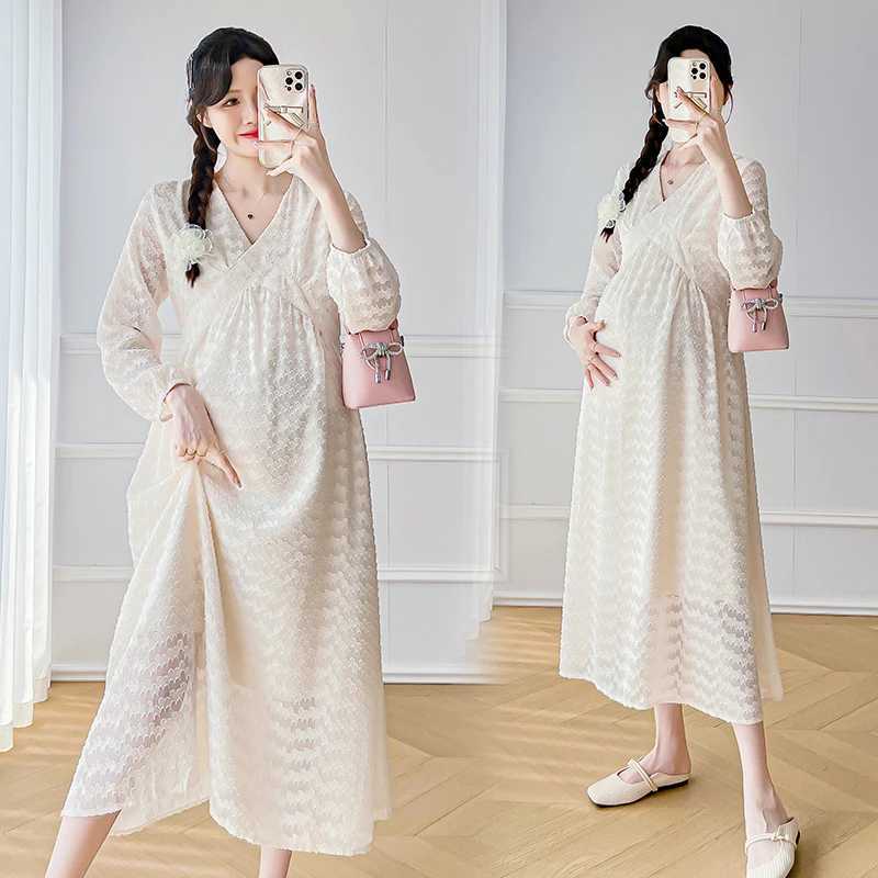 Materni Chiffon Dress Long Lantern Sleeve O-Neck High Waist Pregnancy Elegant Dress Solid Color Pregnant Woman Tassel DressesXJ241213