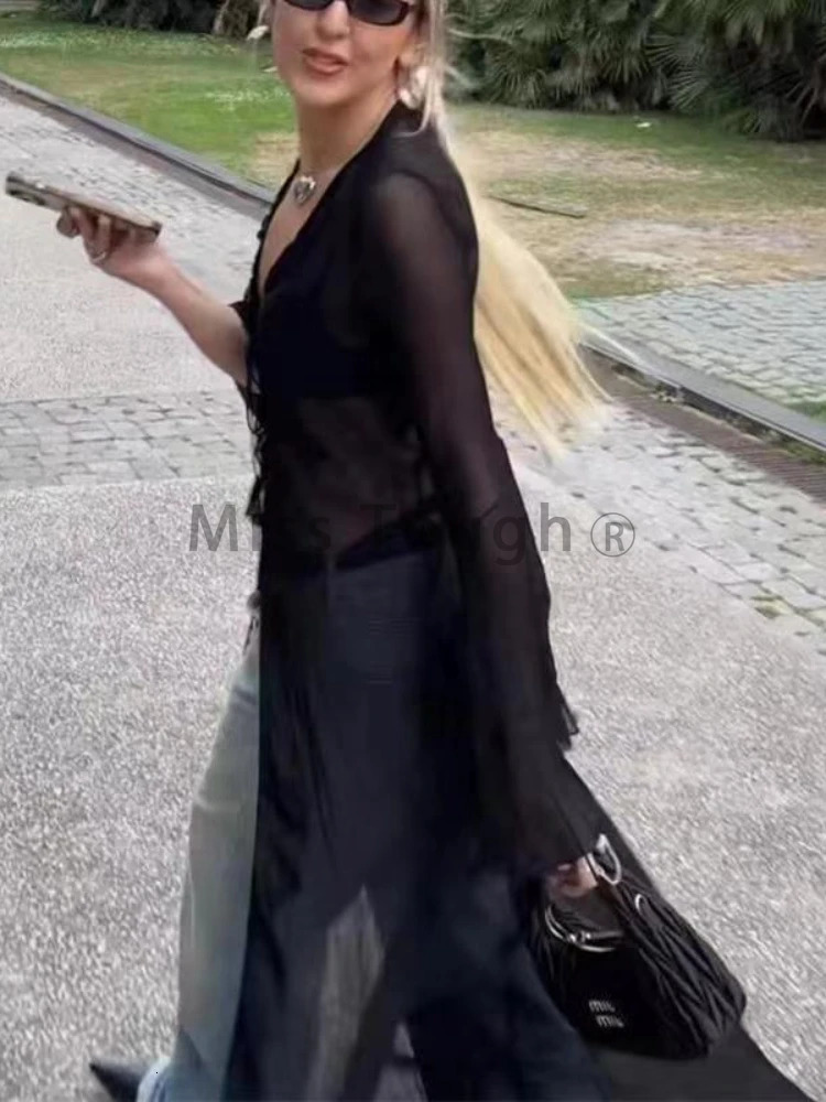 Vintage Y2k Black See Through Long Cardigan Women Sexy Grunge Vneck Streetwear Tops Summer Chic Aesthetic Bandage Slim Blouse 241214