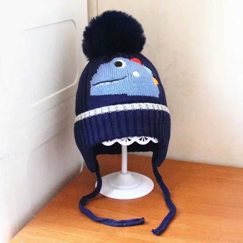 Winter Childrens Thick Knitted Hat Boys and Girls Cotton Hot Hat Dinosaur Children Ear Protection Bean Hat W241213