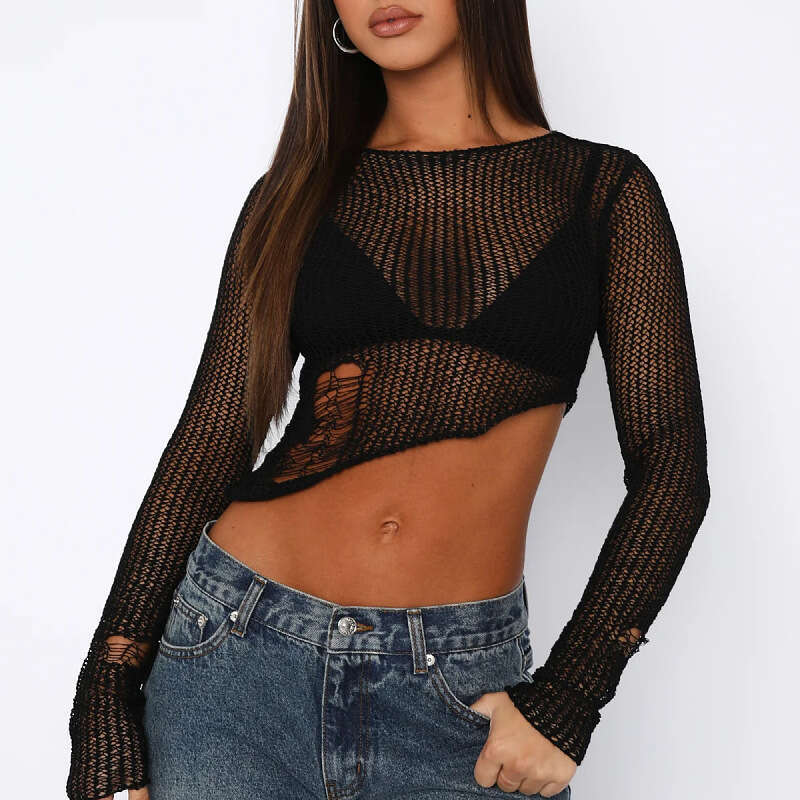 European and American Nightclub Thin Sweater Hoodie Sexy Spicy Girl Hollow Perspective Knitted Top Women's Summer