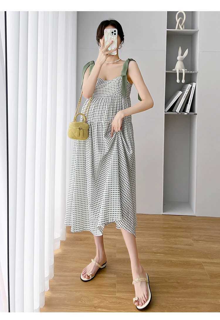 Summer Pregnant Women Dress High Waist Fashion Printed Strap Lacing Pregnancy Sleeveless Dress Materni Polka Dot Chiffon DressXJ241213